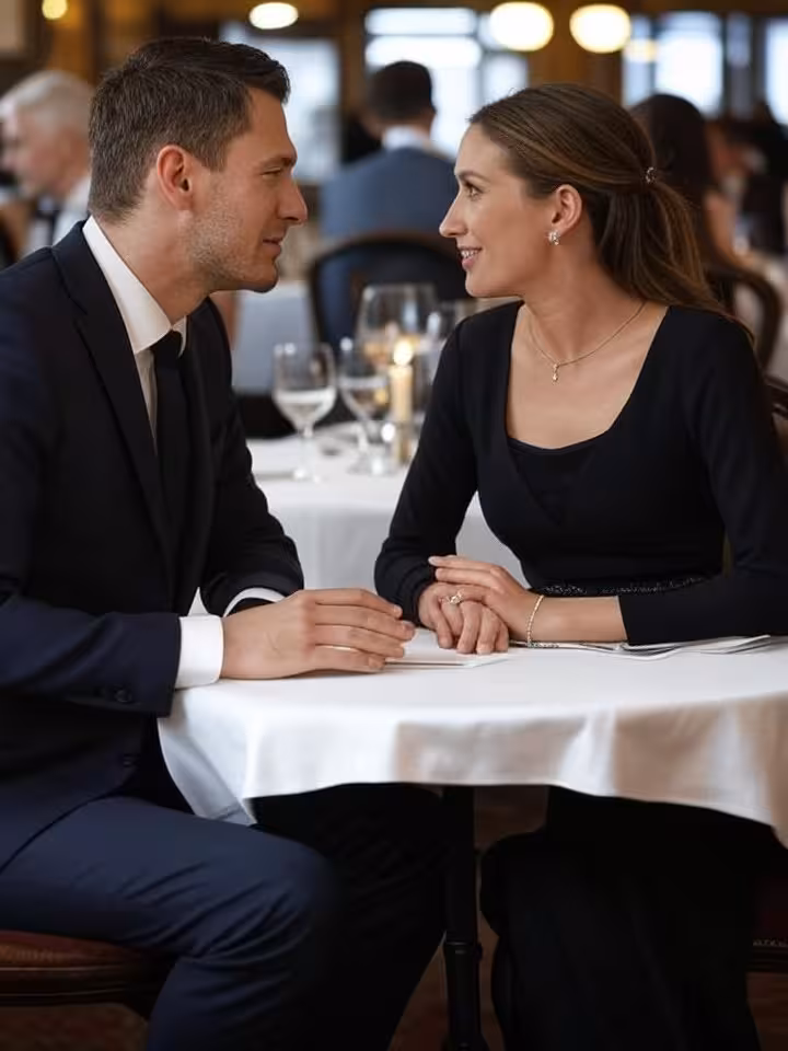 Elegáns pár beszélget finom étteremben Budapesten