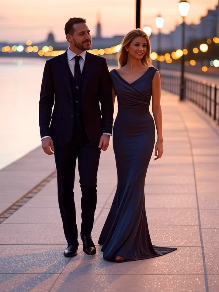 Elegáns pár sétál a Tisza-parton este, Szeged romantikus hangulatban