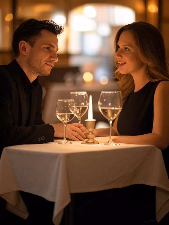 Elegáns magyar pár vacsorázik budapesti fine dining étteremben