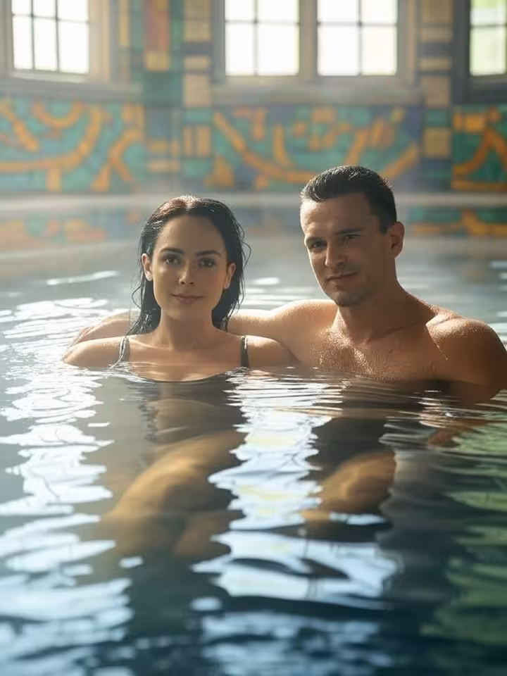 Pár pihen Gellért Fürdő termálmedencéjében Budapesten