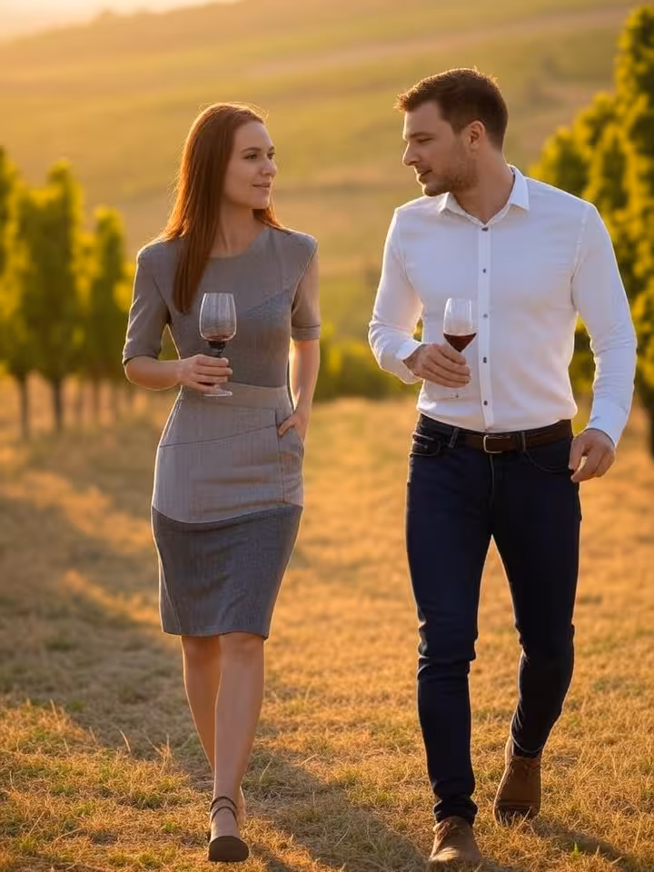 Pár borkóstolón sétál az egri Szépasszony-völgyben naplementekor